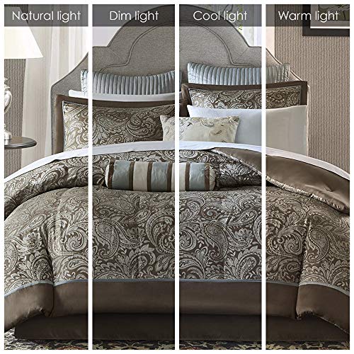 Madison Park Aubrey Cal King Size Bed Comforter Set Bed In A Bag - Blue, Brown , Paisley Jacquard – 12 Pieces Bedding Sets – Ultra Soft Microfiber Bedroom Comforters
