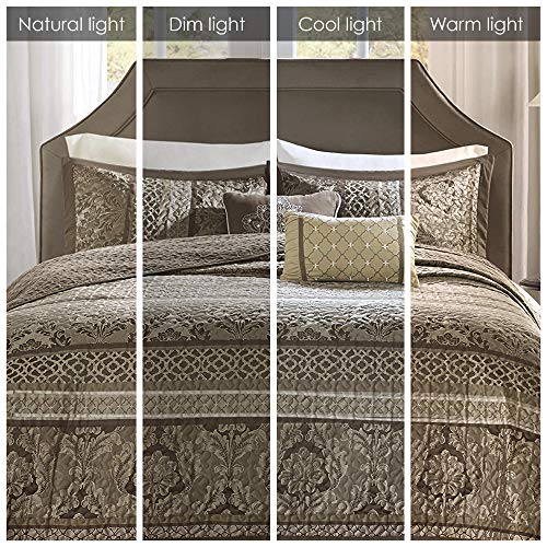 Madison Park Quilt Traditional Jacquard Luxe Design All Season, Coverlet Bedspread Lightweight Bedding Set, Shams, Decorative Pillow, Oversized King(120"x118"), Bellagio Brown/Gold 5 Piece