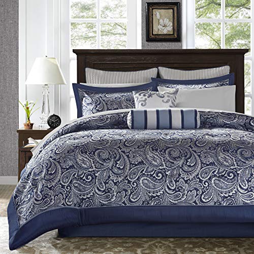 Madison Park Aubrey Queen Size Bed Comforter Set Bed In A Bag - Navy, Grey , Paisley Jacquard – 12 Pieces Bedding Sets – Ultra Soft Microfiber Bedroom Comforters