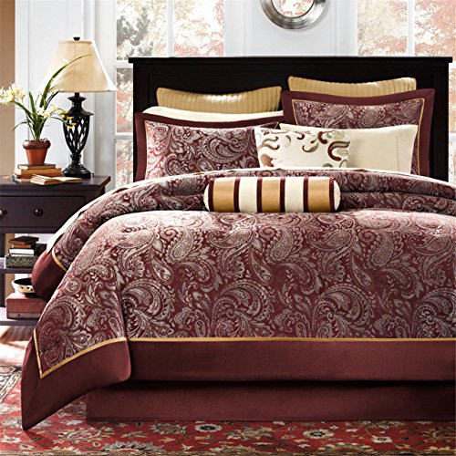 Madison Park Aubrey Cozy Bag Comforter, Faux Silk Jacquard Design All Season Down Alternative Bedding with Complete Sheet Set, Cal King(106"x92"), Red