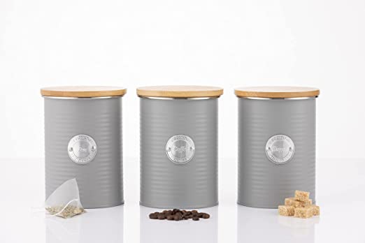 Typhoon Living Airtight Set of 3 Tea Coffee & Sugar Storage Canister Jars with Lid, Grey, 1 Litre