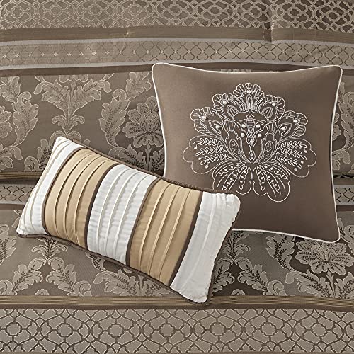Madison Park Cozy Comforter Set - Luxurious Jaquard Traditional Damask Design, All Season Down Alternative Bedding with Matching Shams, Decorative Pillow Bellagio Brown/Gold Queen(90"x90") 7 Piece
