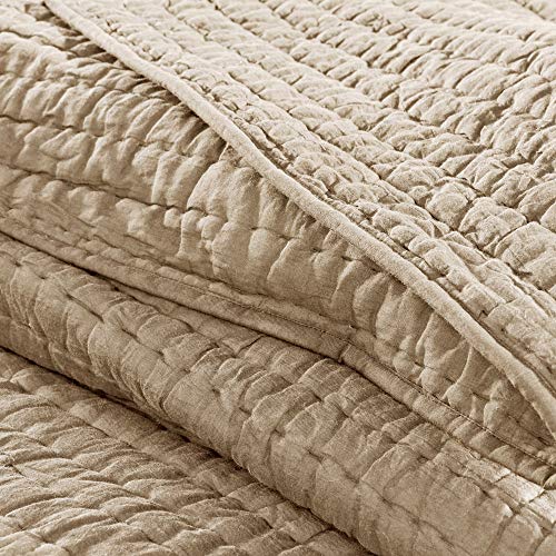 MADISON PARK SIGNATURE Serene Full/Queen Size Quilt Bedding Set - Linen, Quilted – 3 Piece Bedding Quilt Coverlets – 100% Cotton Voile Bed Quilts Quilted Coverlet