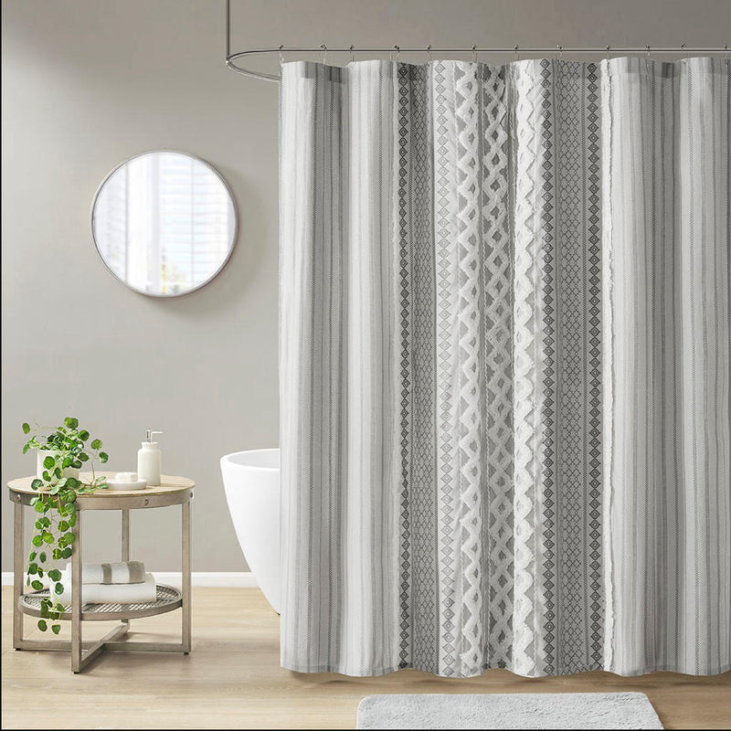 Home Outfitters Gray 100% Cotton Printed Shower Curtain with Chenille 72" W x 72" L, Shower Curtain for Bathrooms, Mid-Century