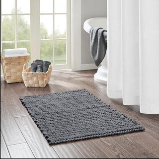 Madison Park Charcoal 100% Cotton Chenille Chain Stitch Rug 24"Wx40"L, Absorbent Bathroom Floor Mat, Casual