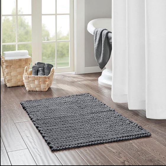 Home Outfitters Charcoal 100% Cotton Chenille Chain Stitch Rug 24"Wx40"L, Absorbent Bathroom Floor Mat, Casual