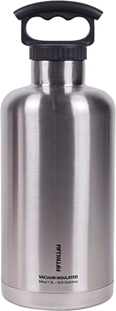 Fifty/Fifty Growler, Double Wall Vacuum Insulated Water Bottle, Stainless Steel, 3 Finger Cap w/ Standard Top, Silver, 64oz/1.9L, 64 ounce