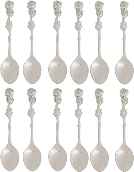 HIC Harold Import Co. Stainless Steel, Demi Spoon Set, Rose Design, Set of 12