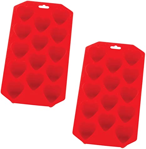 HIC Harold Import Co.  Silicone Ice Cube, Baking and Craft Mold, Non-Stick Heat-Resistant Fun Novelty Shapes, Heart, 2 Trays, Red