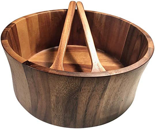 Kalmar Home 12-Inch Acacia Wood Curved Extra Large Salad Bowl with Servers