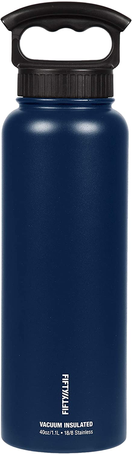 FIFTY/FIFTY Fifty/Fifty 40oz Sport Double Wall Vacuum Insulated Water Bottle Stainless Steel 3 Finger Outdoor recreation product, Navy Blue