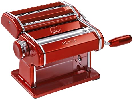 Marcato Atlas 150 Machine, Made in Italy, Red, Includes Pasta Cutter, Hand Crank, and Instructions