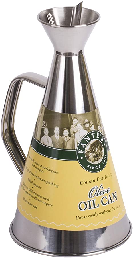 Fantes Olive Oil Can, 18/8 Stainless Steel with FDA-Approved Silicone, 500-Milliliter Capacity, The Italian Market Original Since 1906