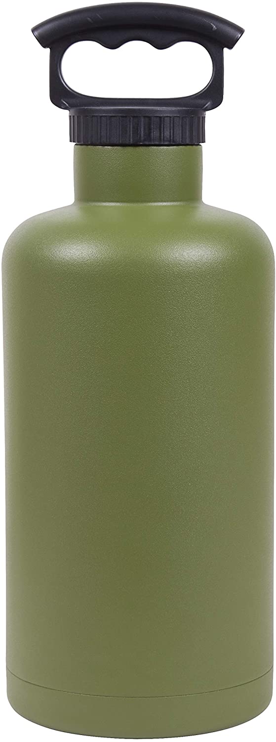 Fifty/Fifty Growler, Double Wall Vacuum Insulated Water Bottle, Stainless Steel, 3 Finger Cap w/ Standard Top, Olive Drabe, 64oz/1.9L