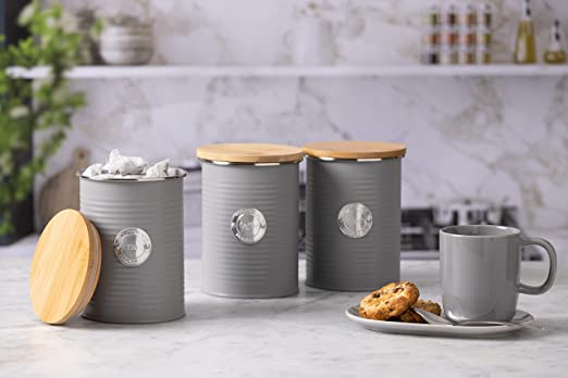 Typhoon Living Airtight Set of 3 Tea Coffee & Sugar Storage Canister Jars with Lid, Grey, 1 Litre