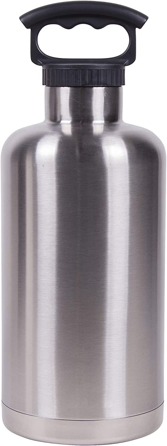 Fifty/Fifty Growler, Double Wall Vacuum Insulated Water Bottle, Stainless Steel, 3 Finger Cap w/ Standard Top, Silver, 64oz/1.9L, 64 ounce
