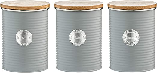 Typhoon Living Airtight Set of 3 Tea Coffee & Sugar Storage Canister Jars with Lid, Grey, 1 Litre