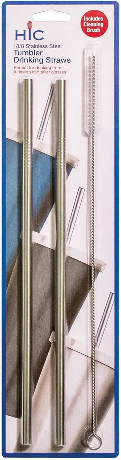 HIC Harold Import Co. Reusable Tumbler Drinking Straws, Set of 4 with 2 Cleaning Brushes, 18/8 Stainless Steel