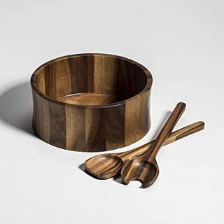 Kalmar Home 328B-3 Large Acacia Wood Salad Serving Bowls with Servers, Brown