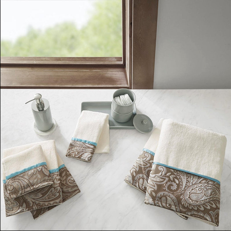 Home Outfitters Blue/Brown 100% Cotton 6 Piece Jacquard Bath Towel Set , Absorbent, Bathroom Spa Towel, Traditional