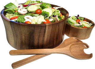 Kalmar Home 328B-3 Large Acacia Wood Salad Serving Bowls with Servers, Brown
