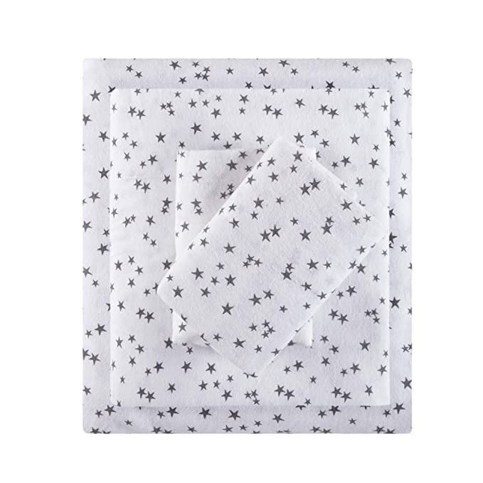 Intelligent Design Cozy 100% Cotton Flannel Novelty Print Animals Cute Warm Ultra Soft Cold Weather Sheet Set Bedding, Twin Size, Grey Stars 3 Piece