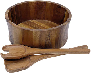 Kalmar Home 328B-3 Large Acacia Wood Salad Serving Bowls with Servers, Brown