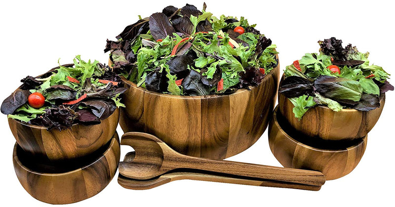 Kalmar Home 10-Inch Acacia Wood Large Dragor Salad Bowl with 4 Individuals