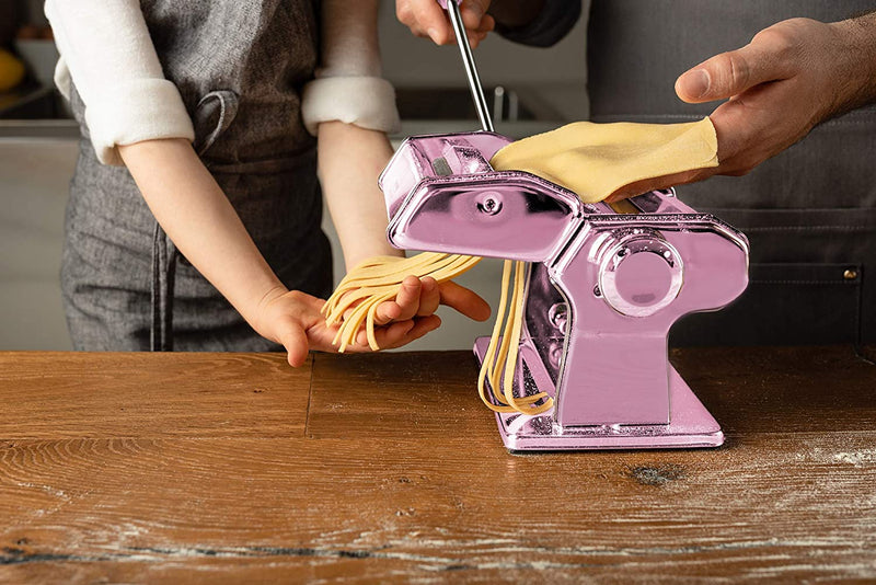 Marcato Atlas 150 Machine, Made in Italy, Pink, Includes Pasta Cutter, Hand Crank, and Instructions