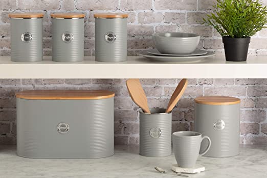 Typhoon Living Airtight Set of 3 Tea Coffee & Sugar Storage Canister Jars with Lid, Grey, 1 Litre