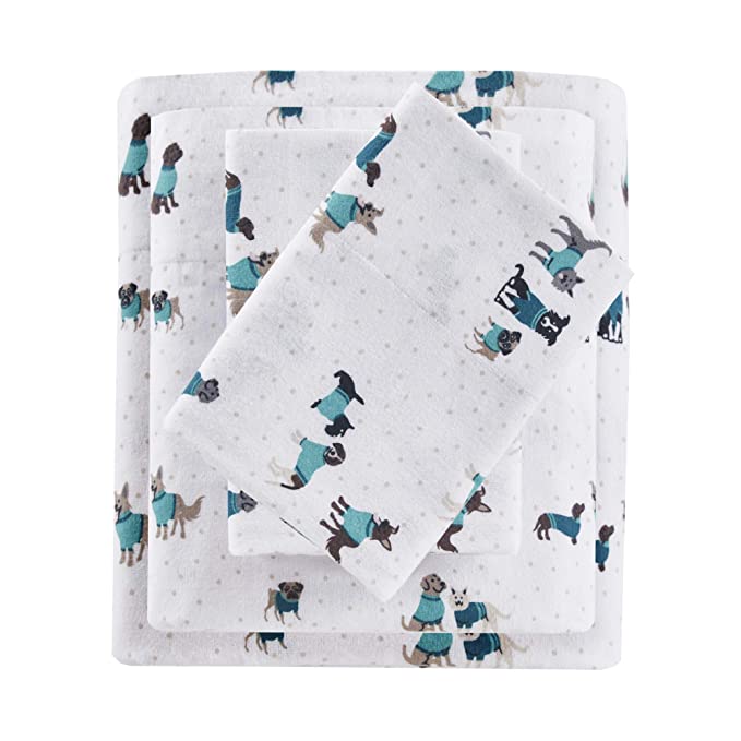 Intelligent Design Cozy Soft 100% Cotton Flannel Print Animals Stars Cute Warm, Ultra Soft Cold Weather Sheet Set Bedding, Queen, Teal Dogs 4 Piece