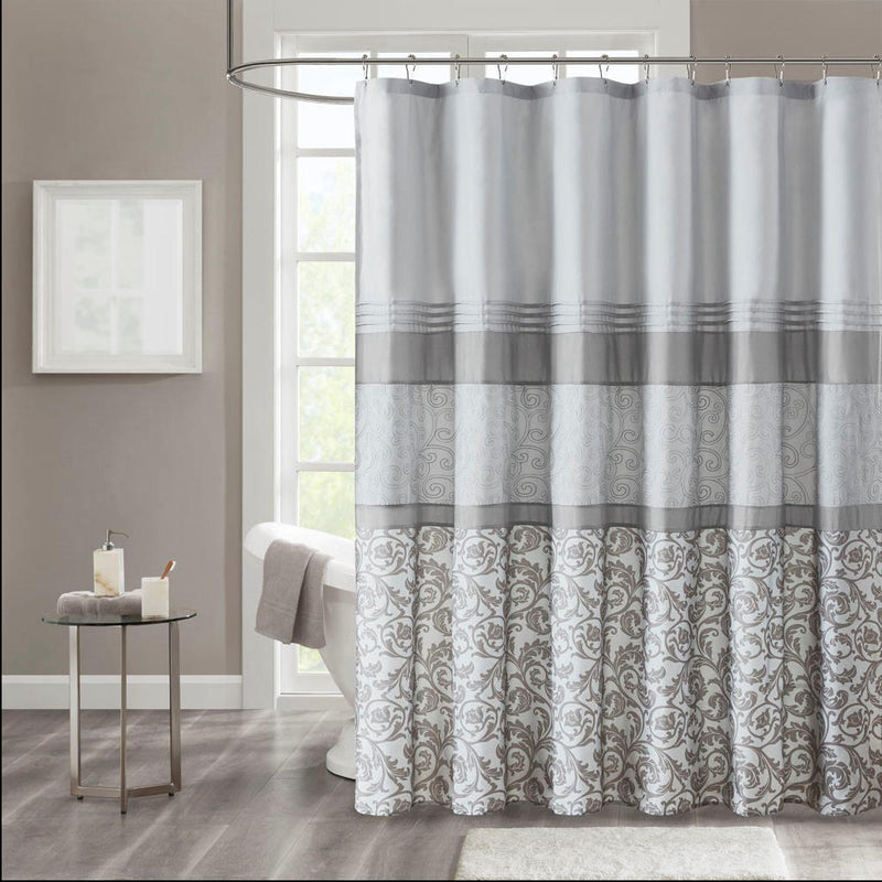 Home Outfitters Grey  Printed and Embroidered Shower Curtain 72"W x 72"L, Shower Curtain for Bathrooms, Traditional