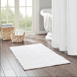 Madison Park White 100% Cotton Yarn Dye Linked In Rug 24"Wx40"L, Absorbent Bathroom Floor Mat, Casual