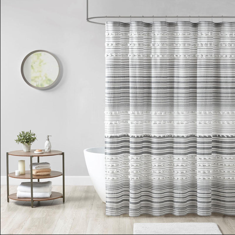 Home Outfitters Grey 100% Cottonn Yarn Dye Shower Curtain with Pompoms 70"W x 72"L, Shower Curtain for Bathrooms, Modern/Contemporary