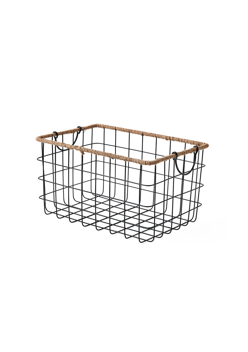 Home Outfitters S/3 Black Rectangular Grid Wire Baskets W/ Jute Rim - Fold Down Ear Handles, Black/Natural