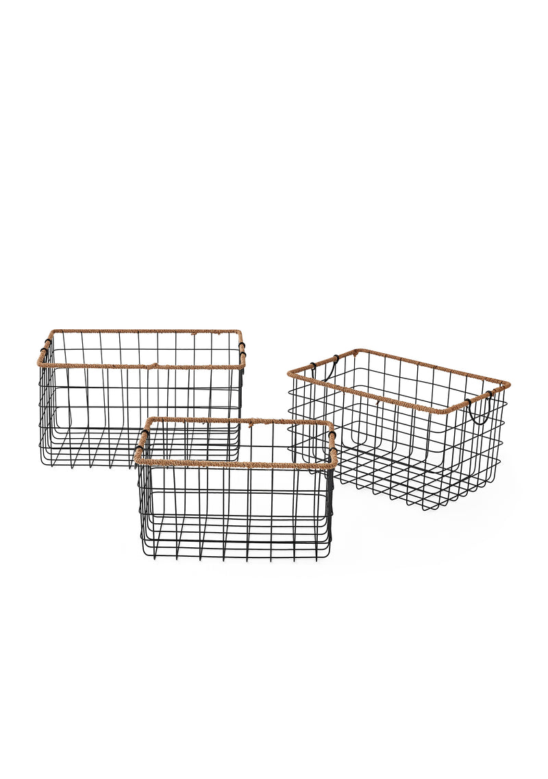 Home Outfitters S/3 Black Rectangular Grid Wire Baskets W/ Jute Rim - Fold Down Ear Handles, Black/Natural