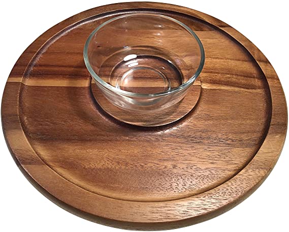Kalmar Home Acacia Chip n Dip Serving Tray with Glass Bowl