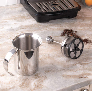 HIC Milk Creamer Frother Cappuccino Coffee Foam Pitcher with Handle and Lid, Stainless Steel, 14-Ounce Capacity
