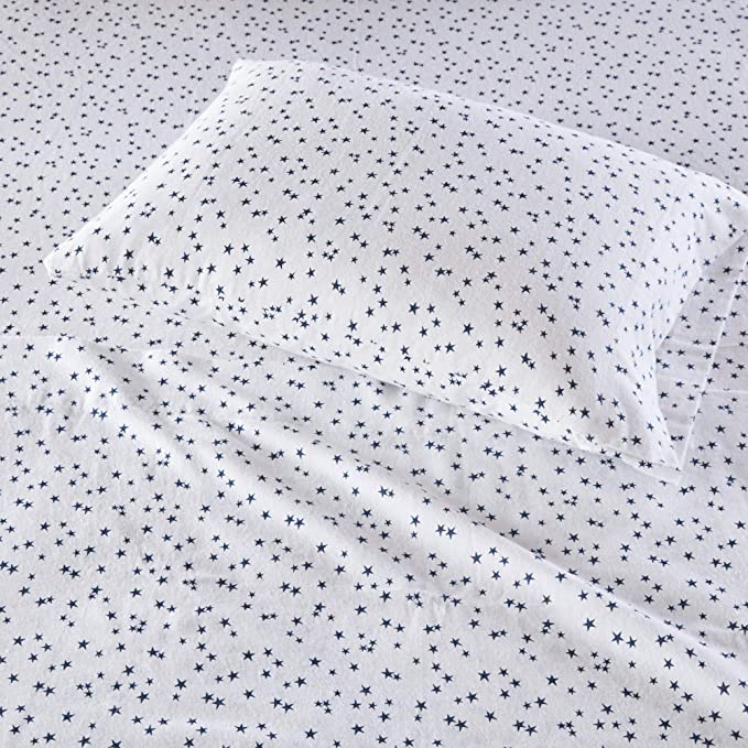 Intelligent Design Cozy 100% Cotton Flannel Novelty Print Animals Cute Warm Ultra Soft Cold Weather Sheet Set Bedding, Full Size, Blue Stars 4 Piece