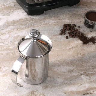 HIC Milk Creamer Frother Cappuccino Coffee Foam Pitcher with Handle and Lid, Stainless Steel, 14-Ounce Capacity