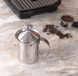 HIC Milk Creamer Frother Cappuccino Coffee Foam Pitcher with Handle and Lid, Stainless Steel, 14-Ounce Capacity