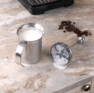 HIC Milk Creamer Frother Cappuccino Coffee Foam Pitcher with Handle and Lid, Stainless Steel, 14-Ounce Capacity