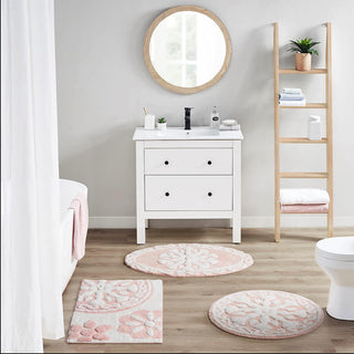 Madison Park Pink 100% Cotton Medallion Tufted Rug 25"R, Absorbent Bathroom Floor Mat, Global Inspired