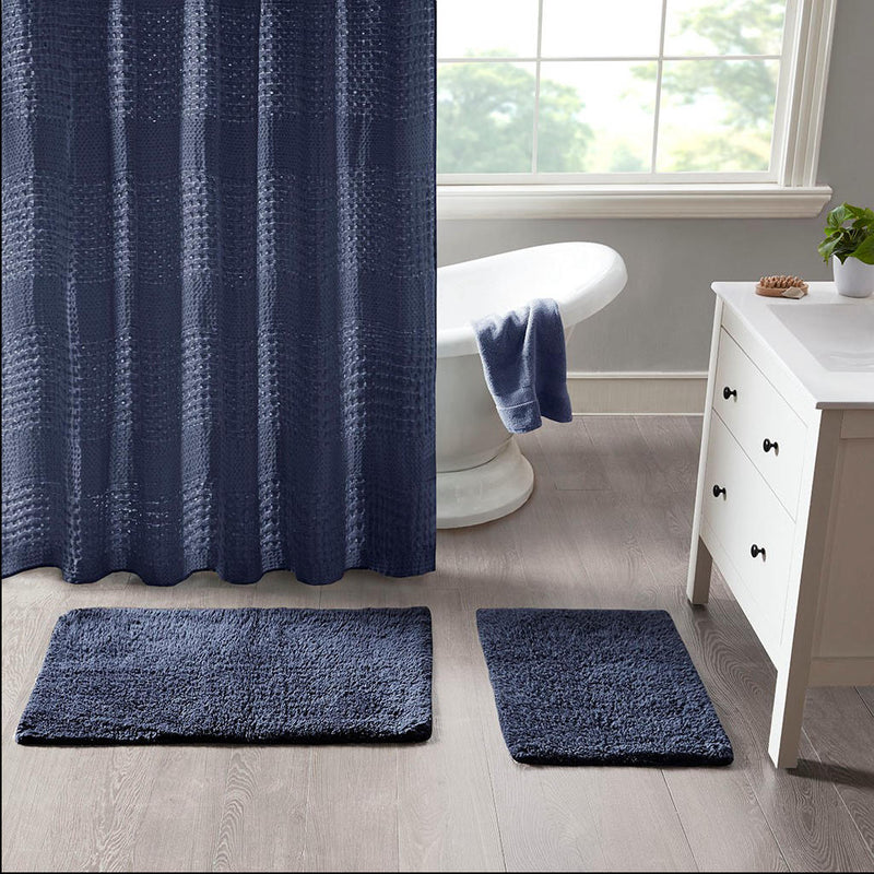 Home Outfitters Navy 100% Cotton Solid Tufted Bath Rug Set 17x24"/21x34", Absorbent Bathroom Floor Mat, Casual