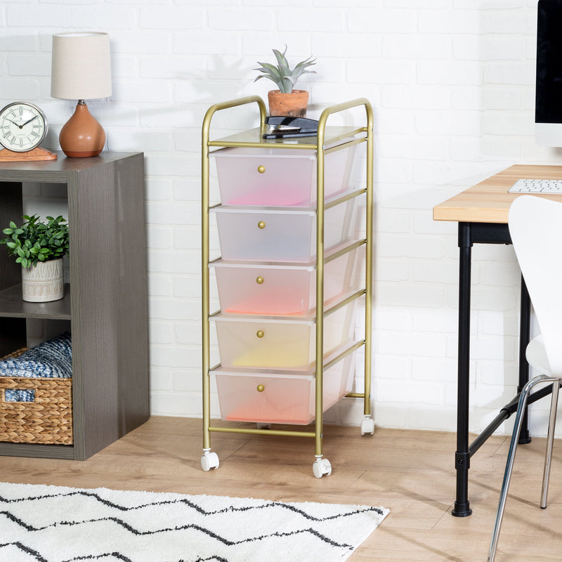 Honey-Can-Do 5-Drawer Rolling Storage Cart With Plastic Drawers, Gold
