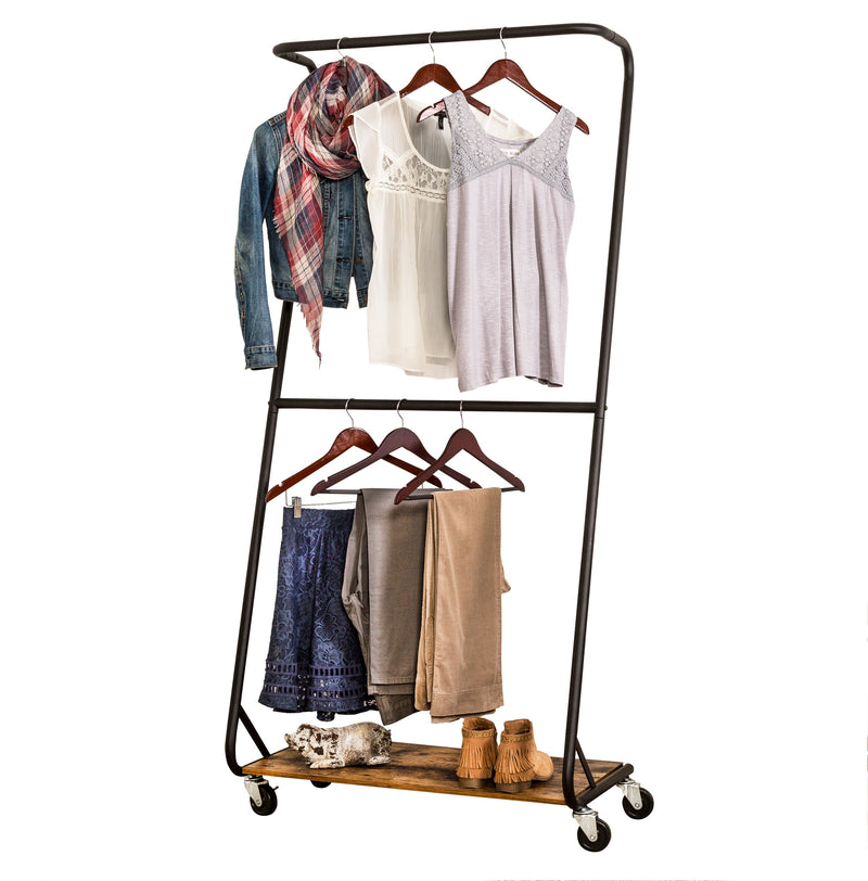 Honey-Can-Do Double Rolling Matte Black Metal Clothes Rack with Rustic Wood Shelf