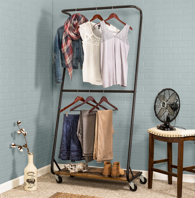 Honey-Can-Do Double Rolling Matte Black Metal Clothes Rack with Rustic Wood Shelf