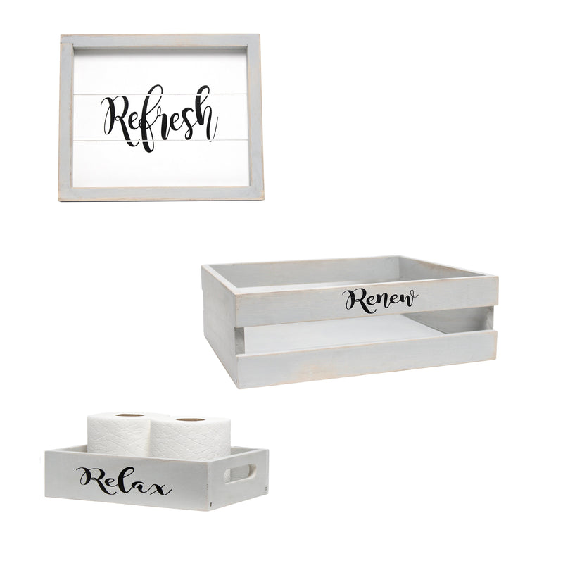 Elegant Designs Three Piece Decorative Wood Bathroom Set, Small, Inspirational  (1 Towel Holder, 1 Frame, 1 Toilet Paper Holder)