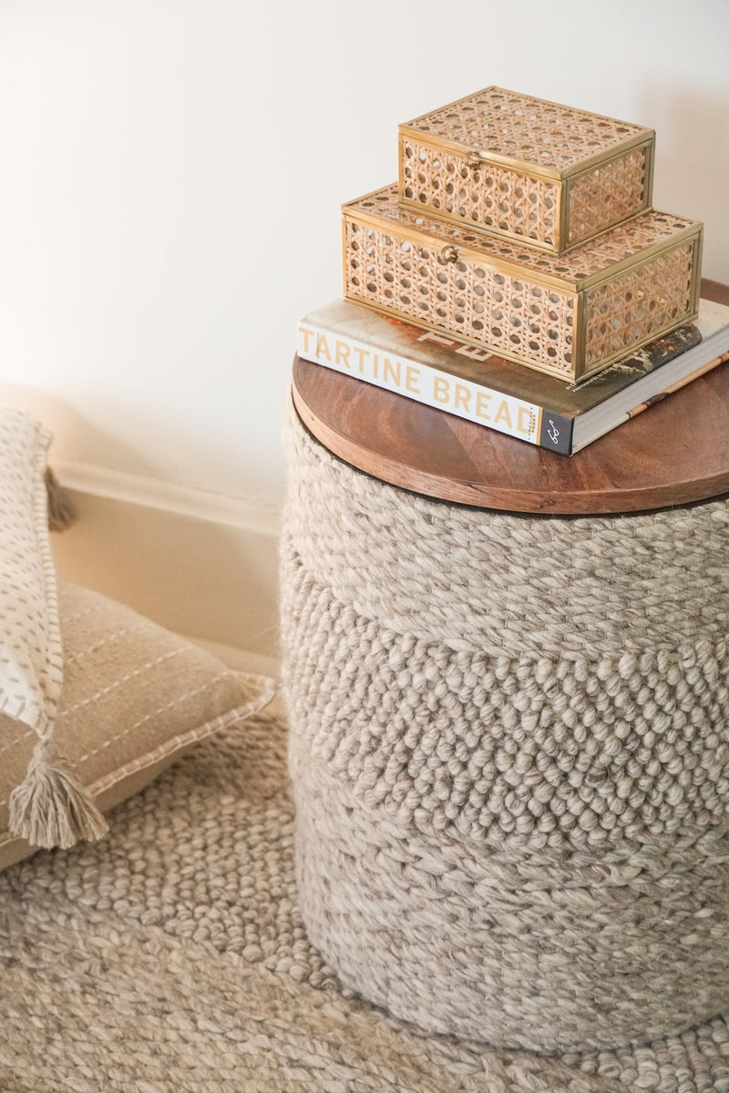 Handwoven Textured Taupe Storage Side Table