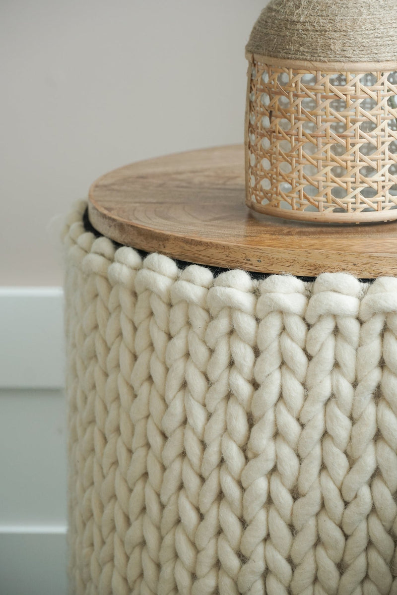 Handwoven Braided White Storage Side Table